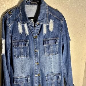 Tanming Dark Blue Ripped distressed Long Sleeve Denim Jacket